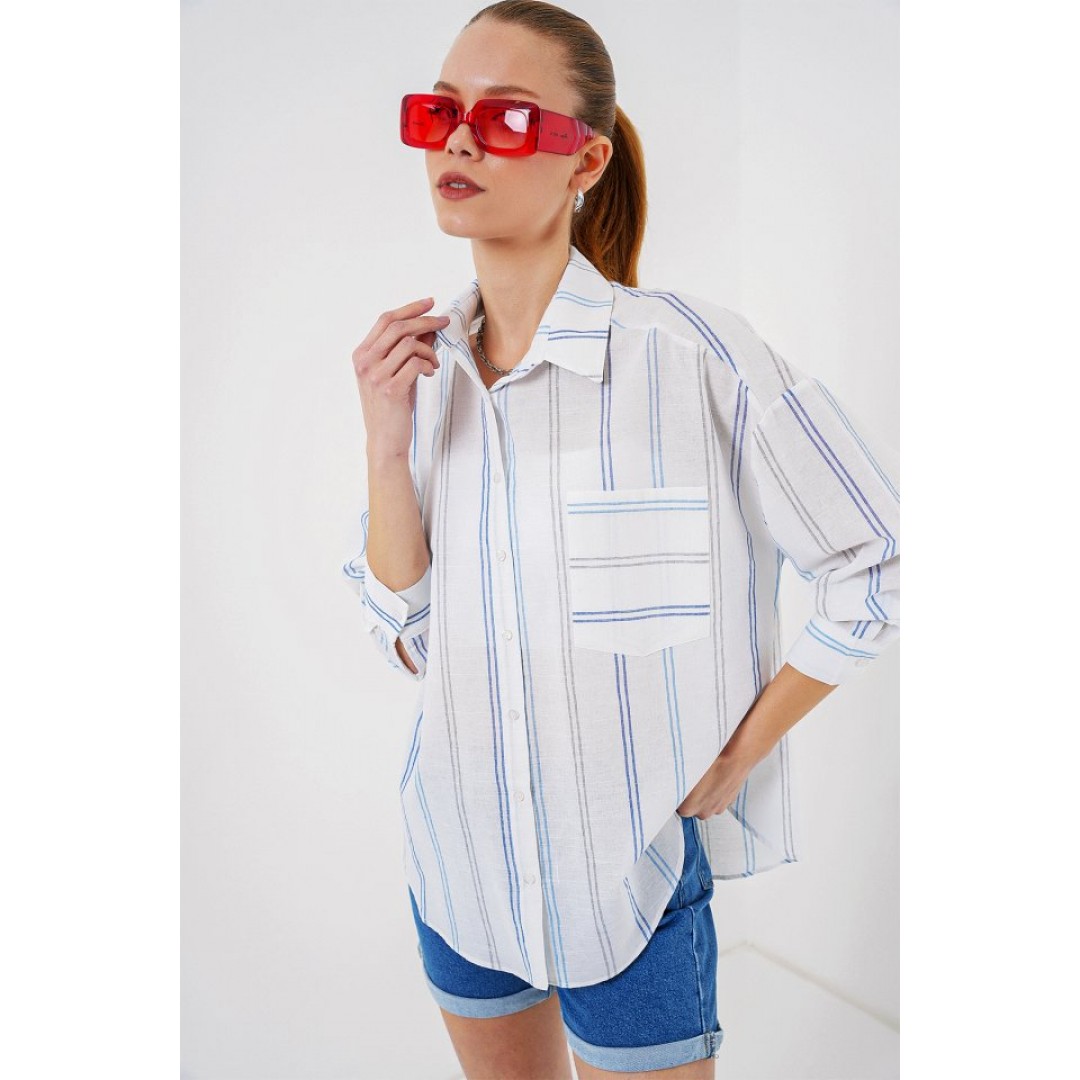 Çizgili Oversize Gömlek 20278 - Beyaz - 159610 Çizgili Oversize Gömlek 20278 - Beyaz - 159610