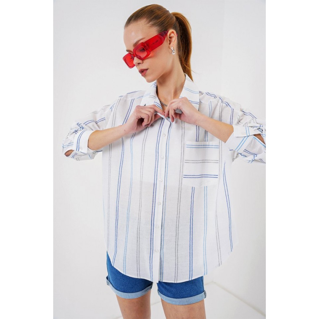 Çizgili Oversize Gömlek 20278 - Beyaz - 159610 Çizgili Oversize Gömlek 20278 - Beyaz - 159610