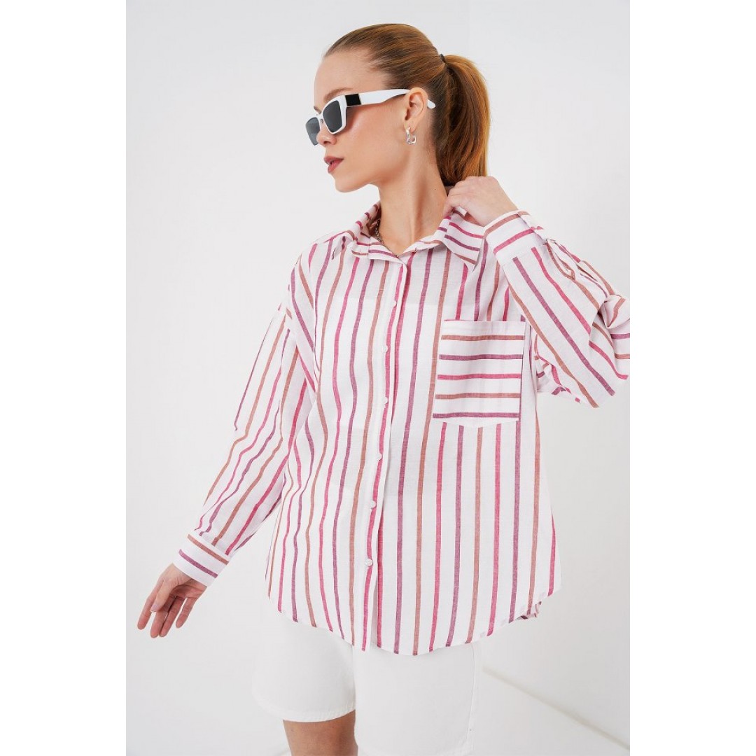 Çizgili Oversize Gömlek 20278 - Kırmızı - 159611