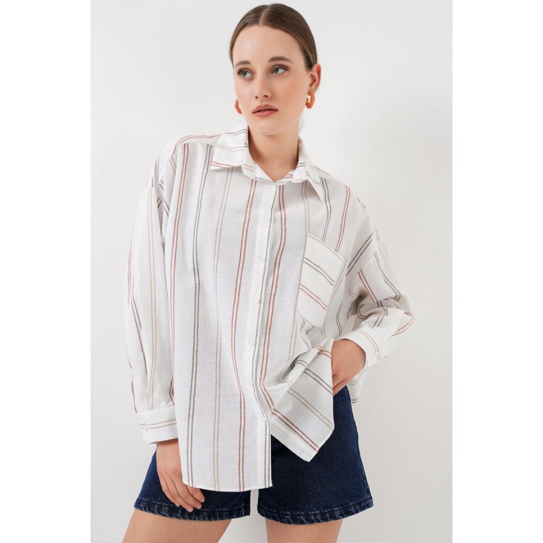 Çizgili Oversize Gömlek 20278 - B.Beyaz - 159860 Çizgili Oversize Gömlek 20278 - B.Beyaz - 159860