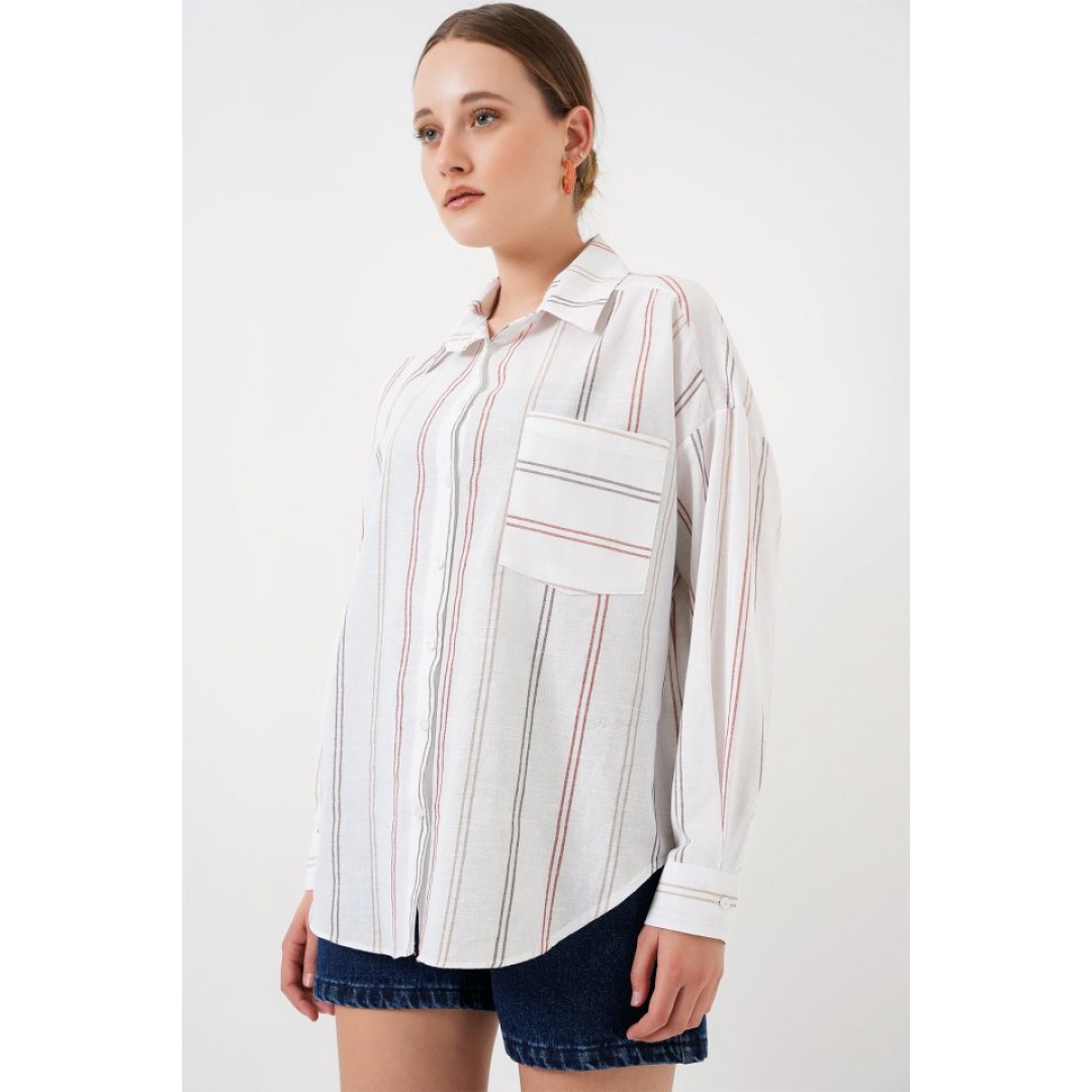 Çizgili Oversize Gömlek 20278 - B.Beyaz - 159860 Çizgili Oversize Gömlek 20278 - B.Beyaz - 159860