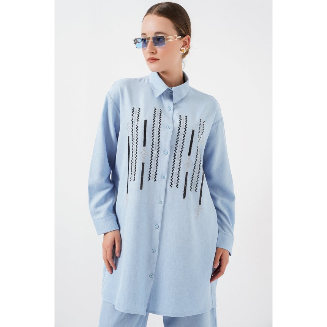 Desenli Tunik Pantolon İkili Takım 6720 - Mavi 159871 Desenli Tunik Pantolon İkili Takım 6720 - Mavi 159871