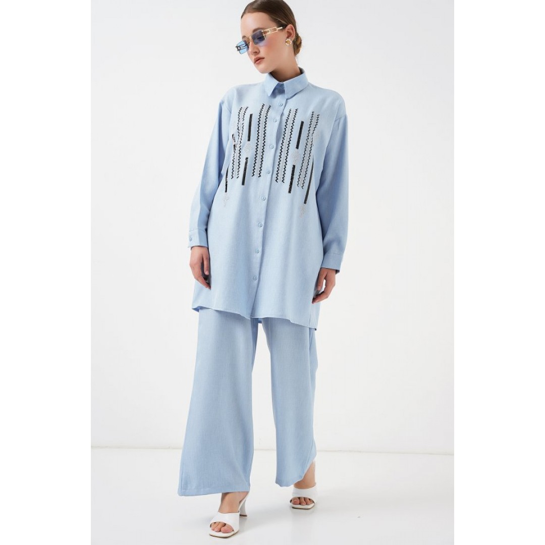Desenli Tunik Pantolon İkili Takım 6720 - Mavi 159871 Desenli Tunik Pantolon İkili Takım 6720 - Mavi 159871