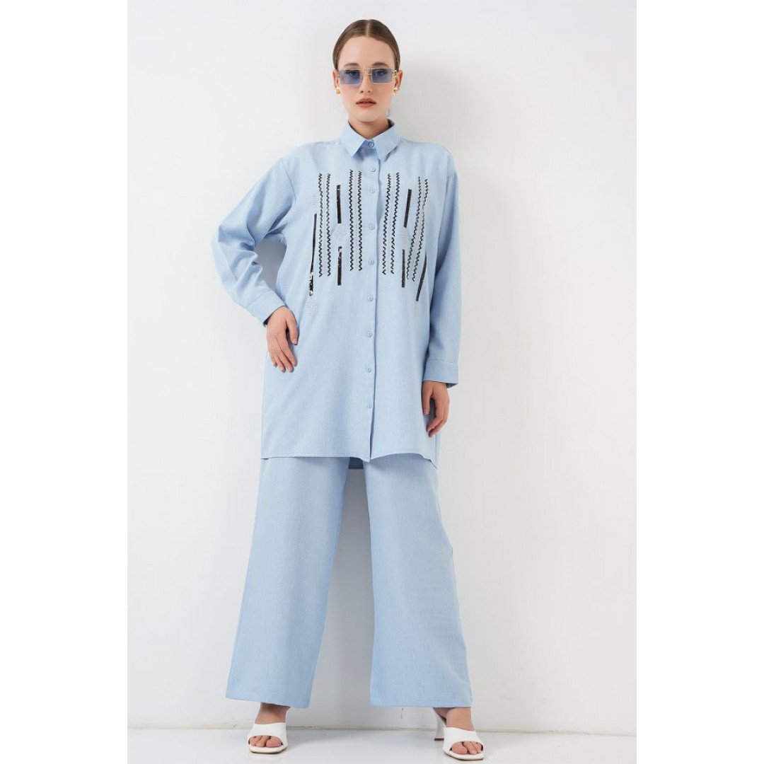 Desenli Tunik Pantolon İkili Takım 6720 - Mavi 159871 Desenli Tunik Pantolon İkili Takım 6720 - Mavi 159871