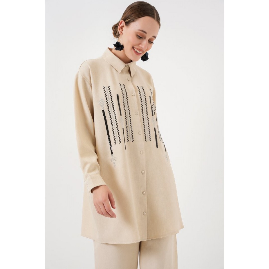 Desenli Tunik Pantolon İkili Takım 6720 - Krem 159873