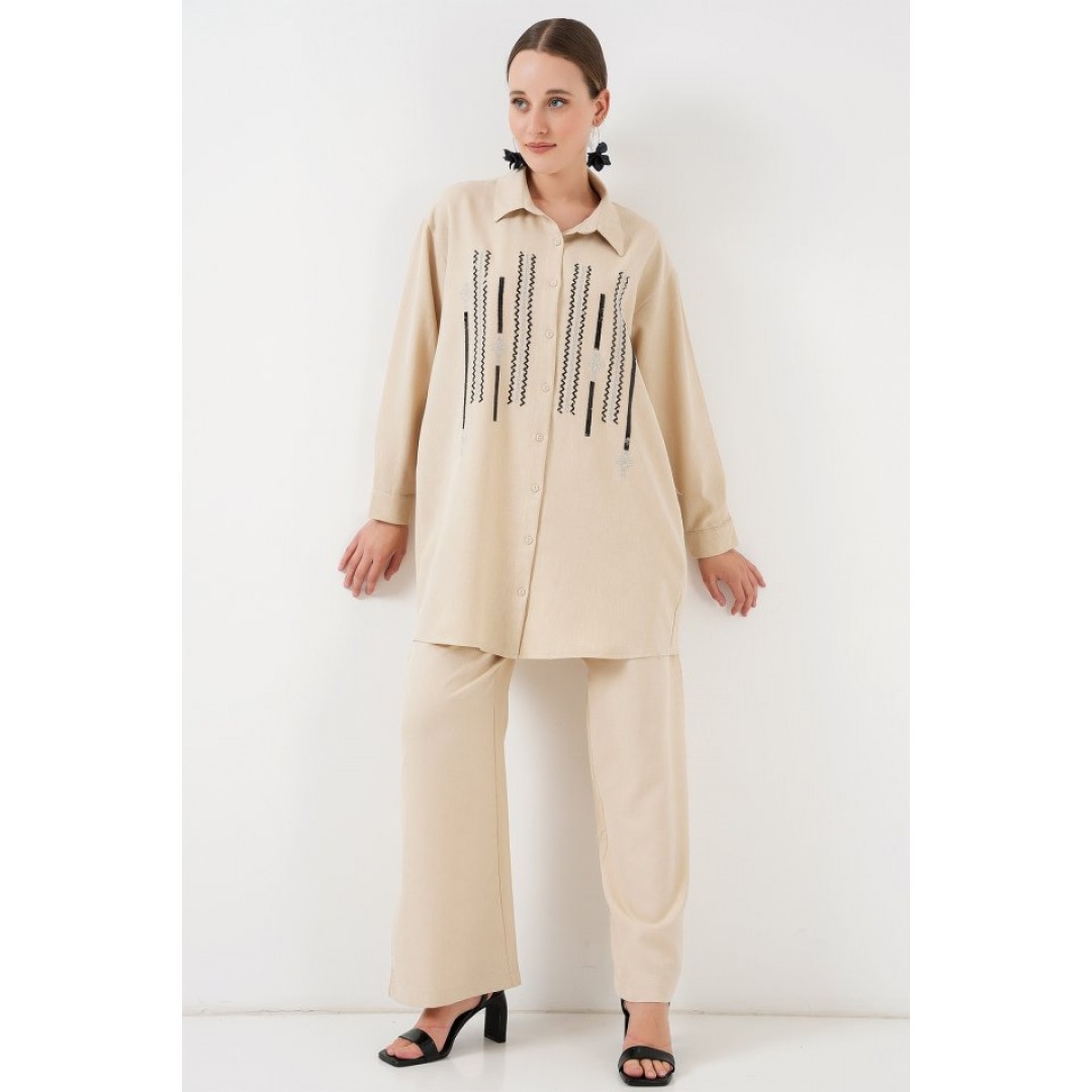Desenli Tunik Pantolon İkili Takım 6720 - Krem 159873