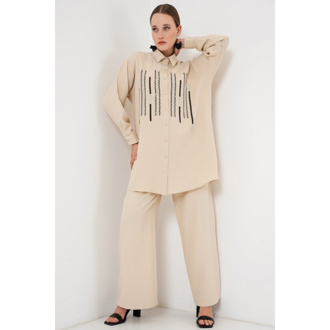 Desenli Tunik Pantolon İkili Takım 6720 - Krem 159873
