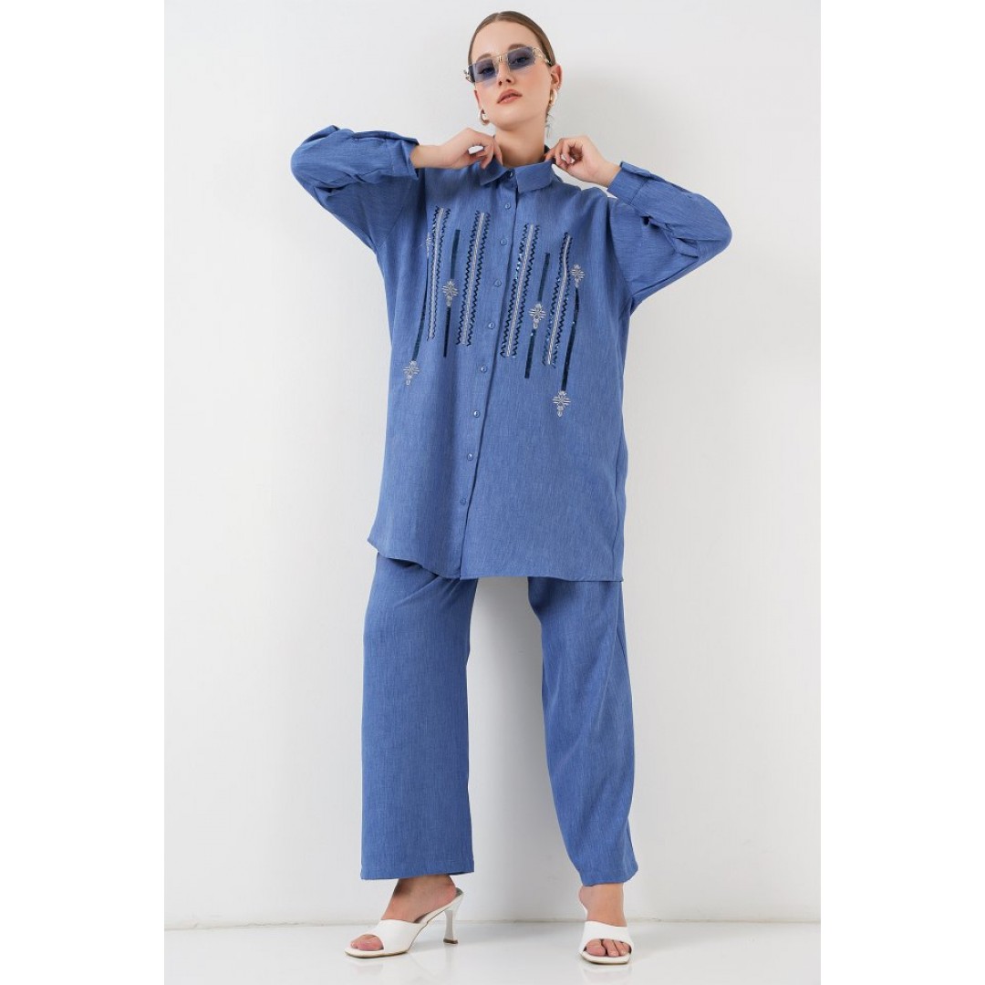 Desenli Tunik Pantolon İkili Takım 6720 - İndigo 159874