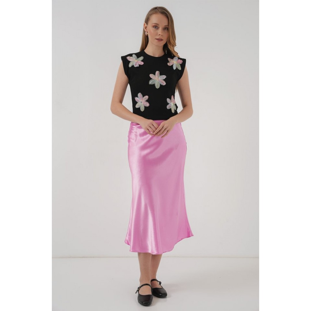 930 Kısa Kol Desenli Crop Bluz - Siyah 160108
