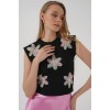930 Kısa Kol Desenli Crop Bluz - Siyah 160108