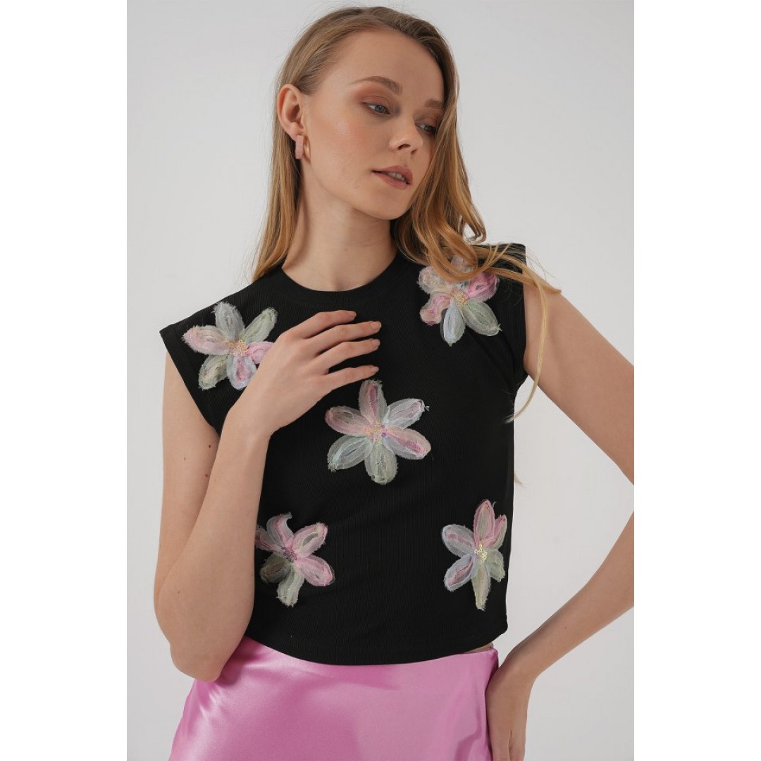 930 Kısa Kol Desenli Crop Bluz - Siyah 160108