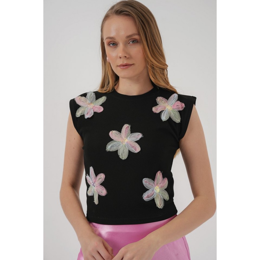 930 Kısa Kol Desenli Crop Bluz - Siyah 160108