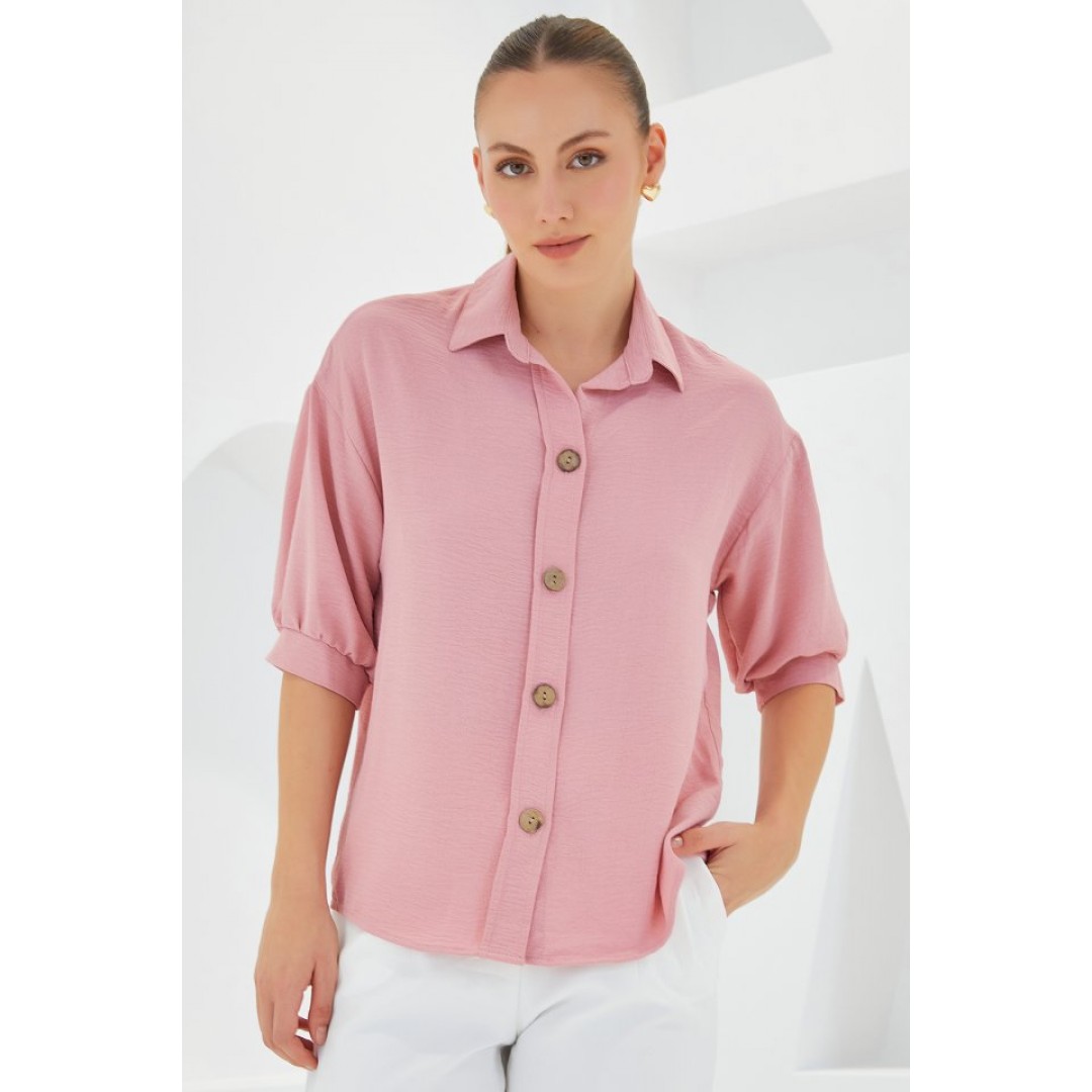 Pembe Kısa Kol Oversize Keten Gömlek 20240 160470 Pembe Kısa Kol Oversize Keten Gömlek 20240 160470