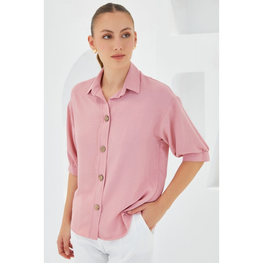 Pembe Kısa Kol Oversize Keten Gömlek 20240 160470 Pembe Kısa Kol Oversize Keten Gömlek 20240 160470