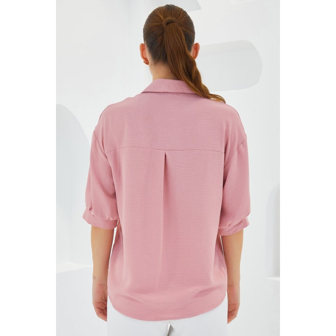 Pembe Kısa Kol Oversize Keten Gömlek 20240 160470 Pembe Kısa Kol Oversize Keten Gömlek 20240 160470