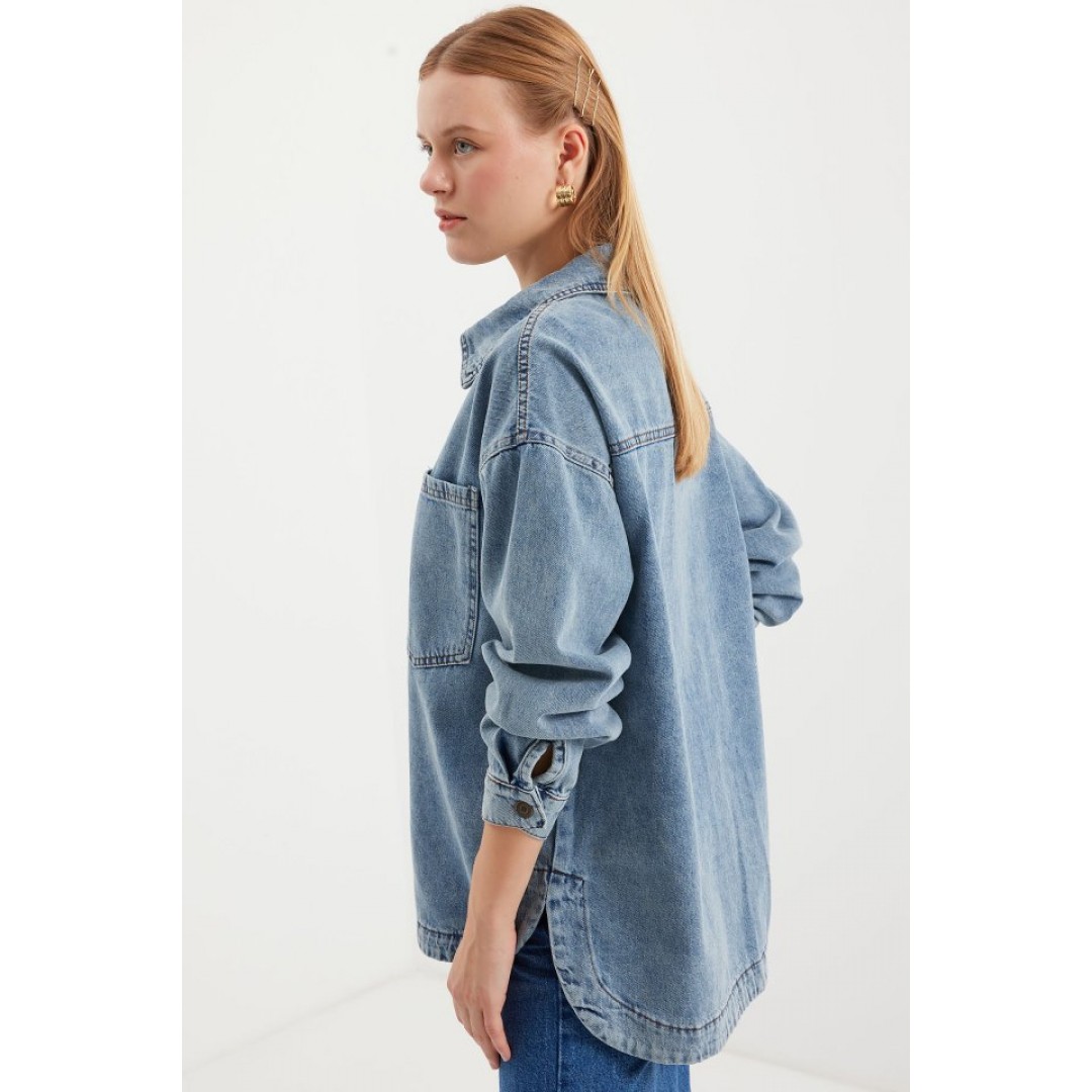 0694 Çift Cepli Oversize Denim Ceket - Buz Mavi 161523 0694 Çift Cepli Oversize Denim Ceket - Buz Mavi 161523