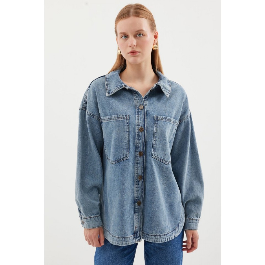 0694 Çift Cepli Oversize Denim Ceket - Buz Mavi 161523 0694 Çift Cepli Oversize Denim Ceket - Buz Mavi 161523