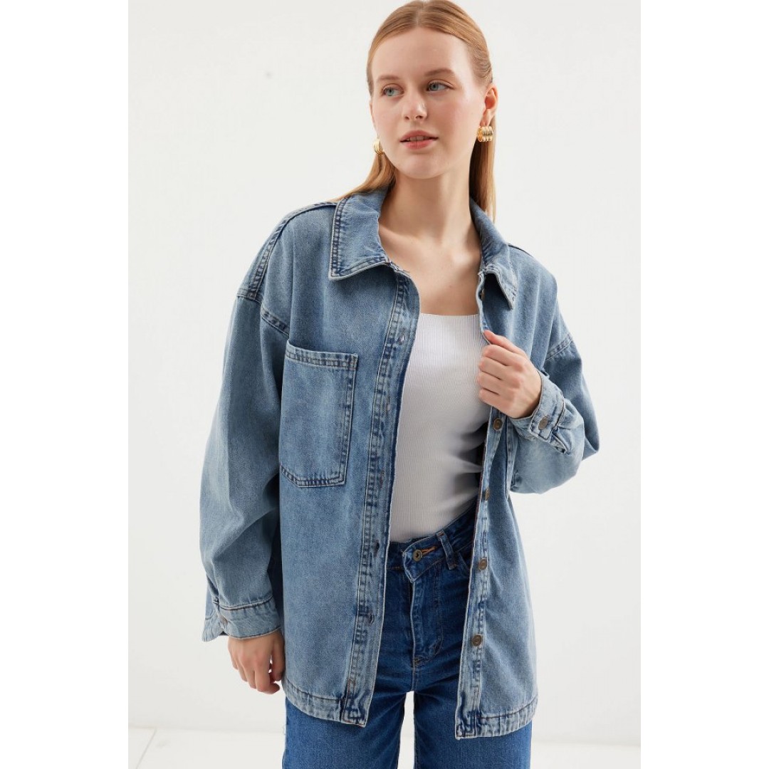 0694 Çift Cepli Oversize Denim Ceket - Buz Mavi 161523 0694 Çift Cepli Oversize Denim Ceket - Buz Mavi 161523
