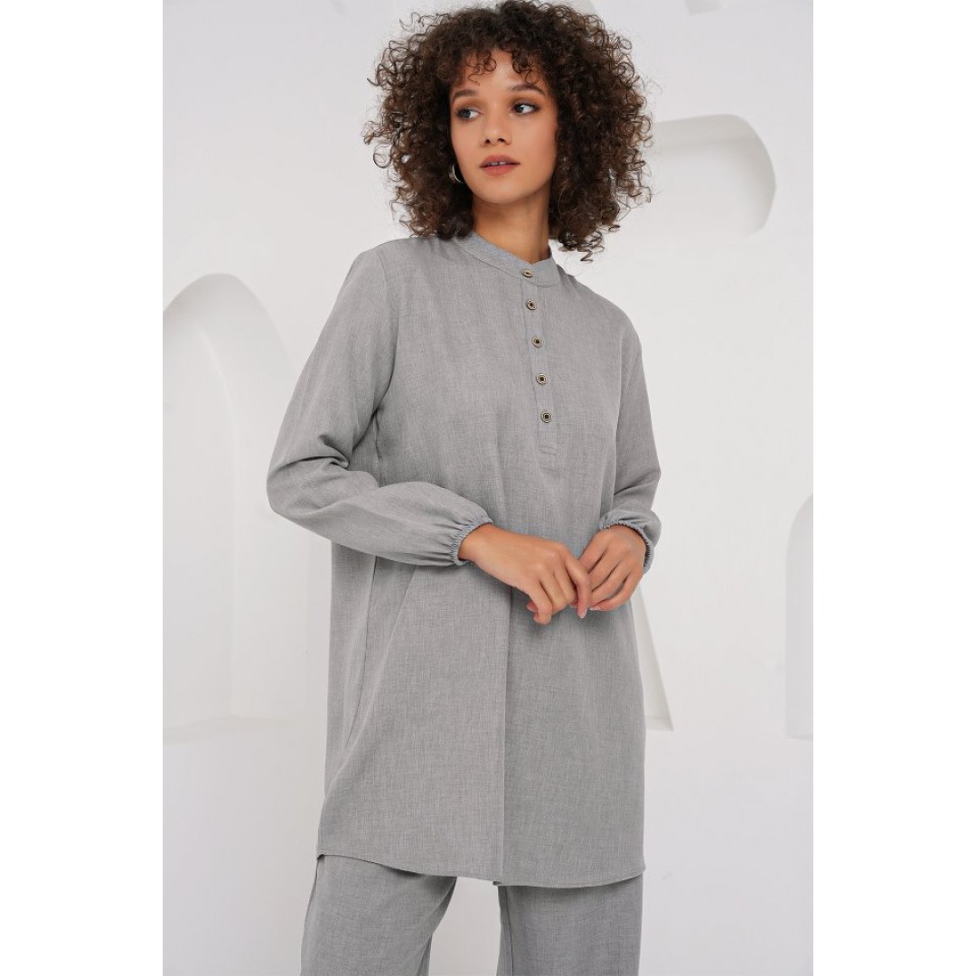 6678 Keten Tunik Pantolon İkili Takım - Gri 162407
