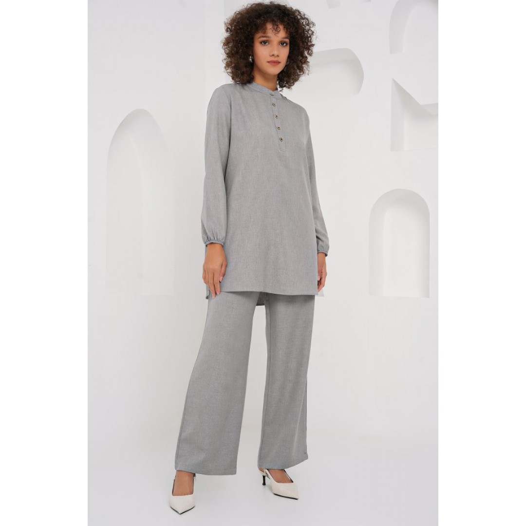 6678 Keten Tunik Pantolon İkili Takım - Gri 162407