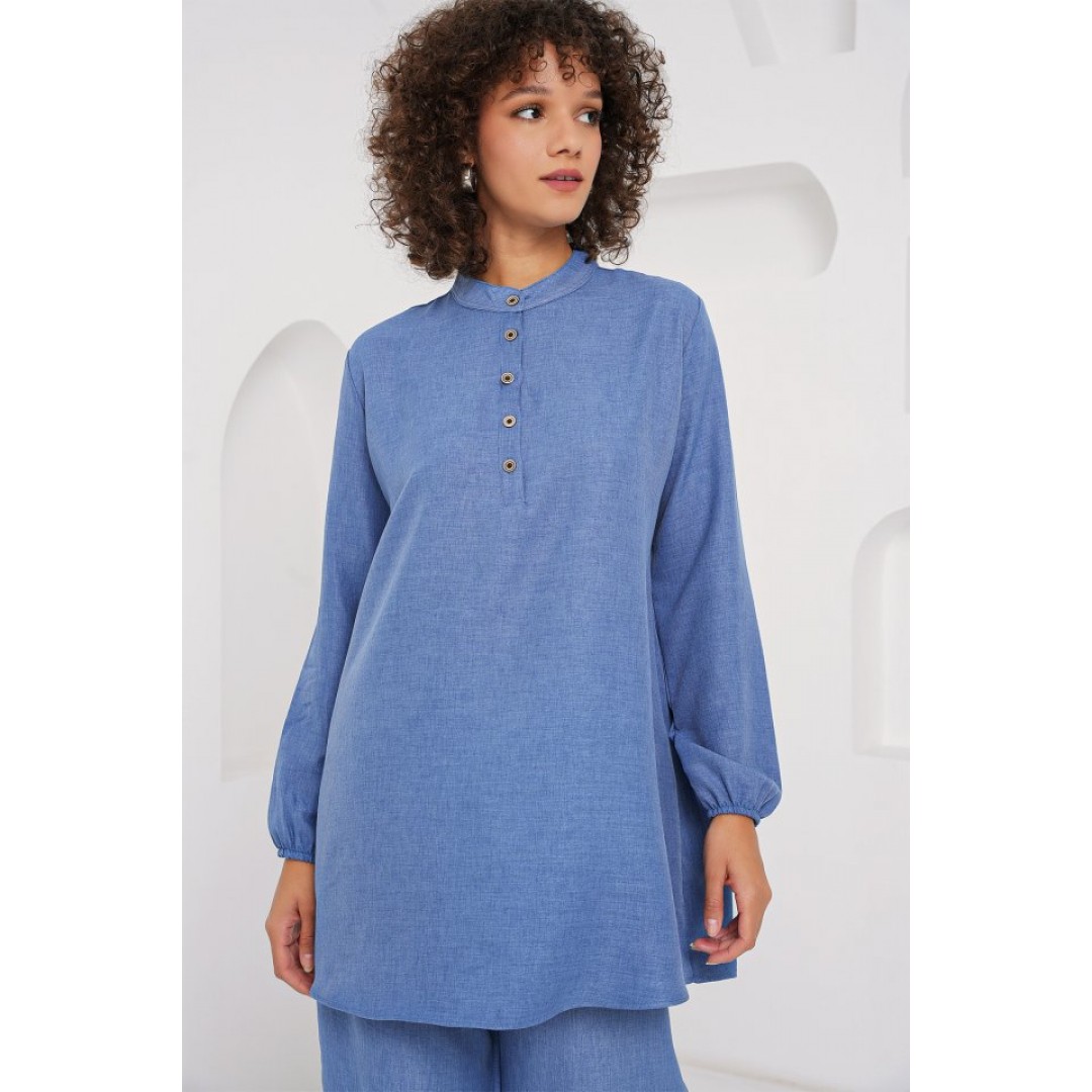 6678 Keten Tunik Pantolon İkili Takım - İndigo 162408 6678 Keten Tunik Pantolon İkili Takım - İndigo 162408