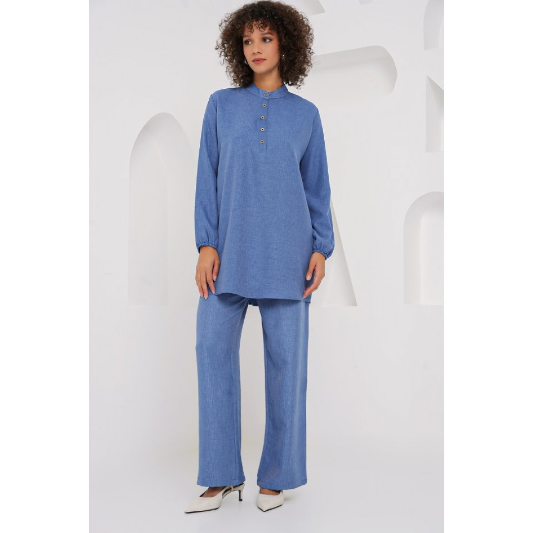 6678 Keten Tunik Pantolon İkili Takım - İndigo 162408 6678 Keten Tunik Pantolon İkili Takım - İndigo 162408