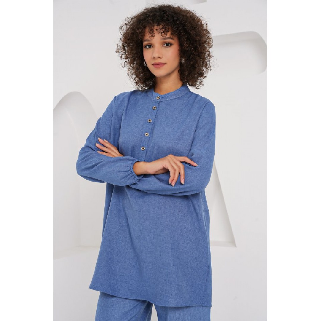 6678 Keten Tunik Pantolon İkili Takım - İndigo 162408 6678 Keten Tunik Pantolon İkili Takım - İndigo 162408