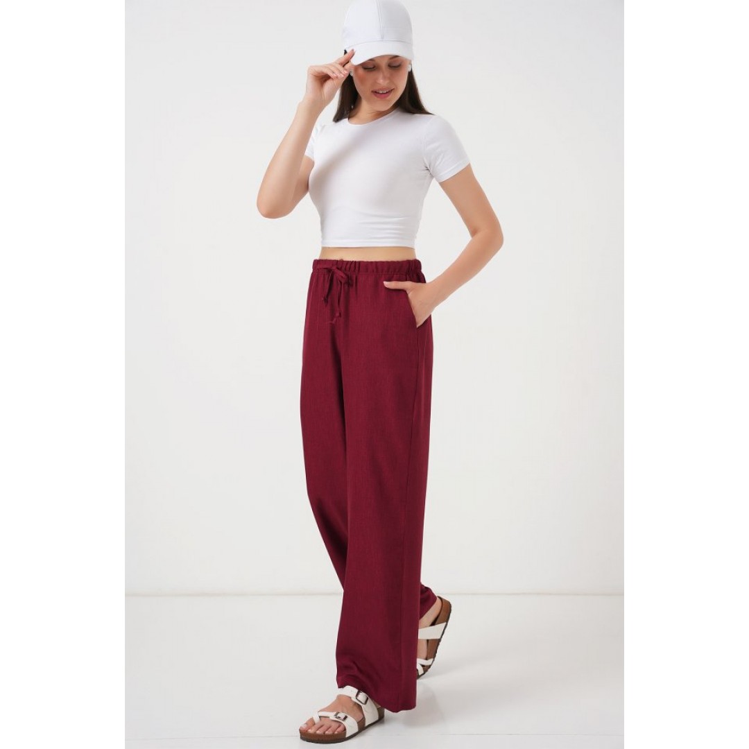 Geniş Paça Keten Pantolon 6735 - Bordo 162509 Geniş Paça Keten Pantolon 6735 - Bordo 162509