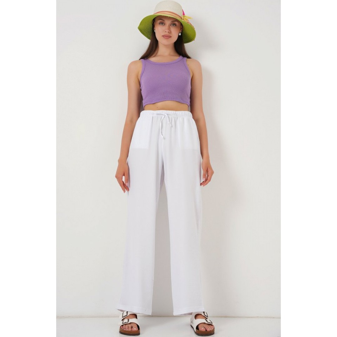 Geniş Paça Keten Pantolon 6735 - Beyaz 162516 Geniş Paça Keten Pantolon 6735 - Beyaz 162516