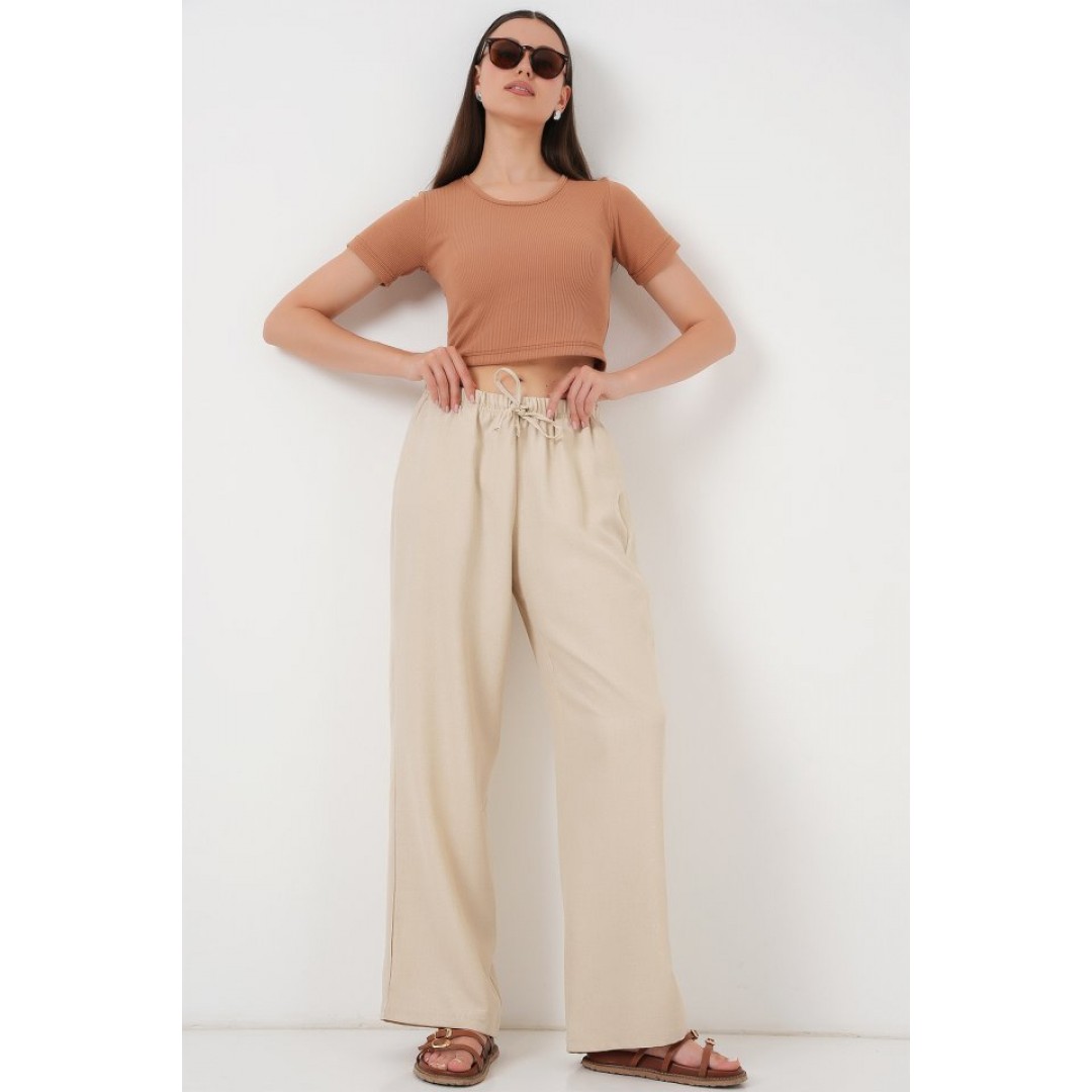 Geniş Paça Keten Pantolon 6735 - Krem 162517
