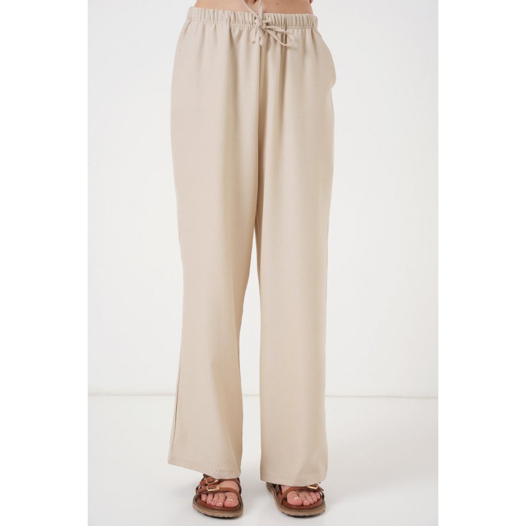 Geniş Paça Keten Pantolon 6735 - Krem 162517