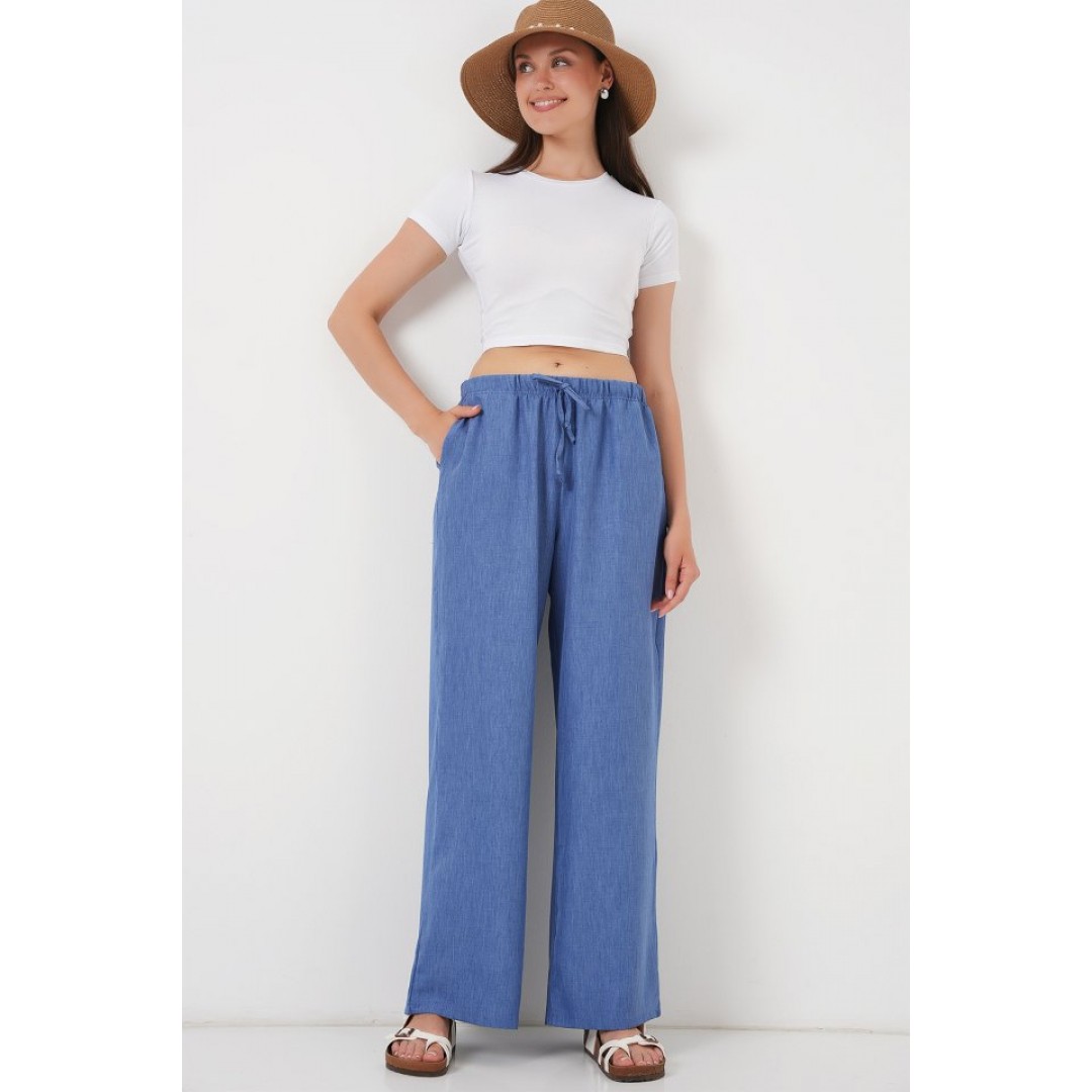 Geniş Paça Keten Pantolon 6735 - İndigo