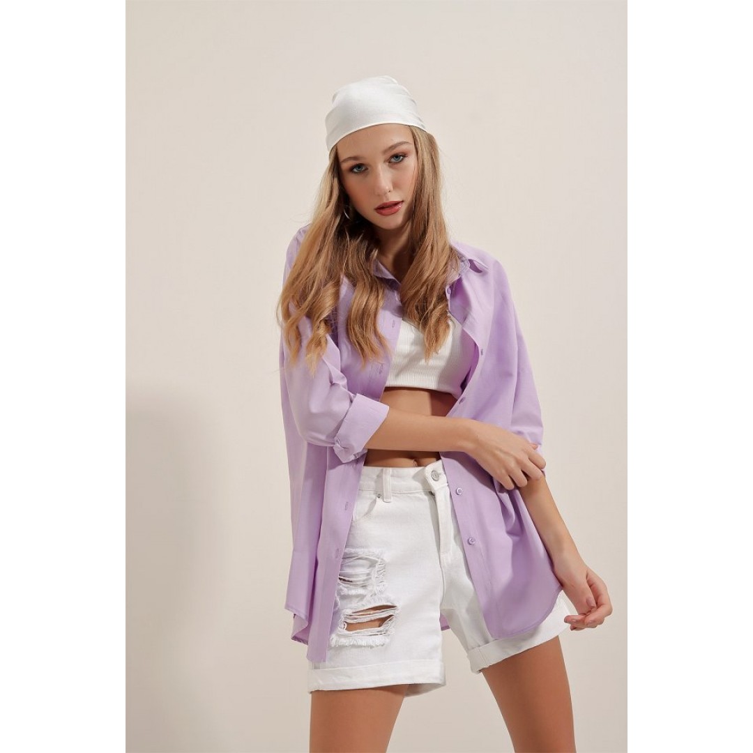 3900 Oversize Uzun Basic Gömlek - Lila