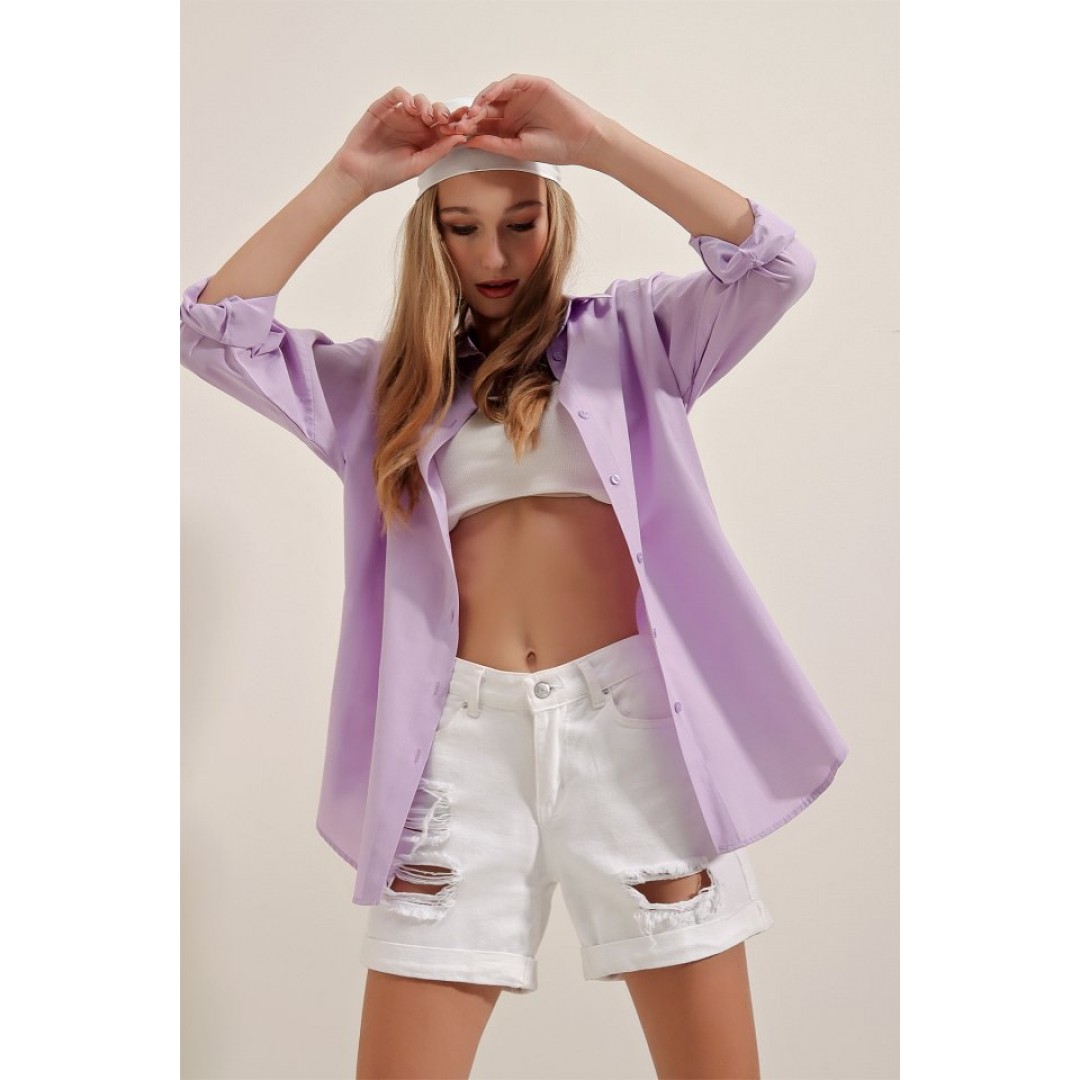 3900 Oversize Uzun Basic Gömlek - Lila 162682 3900 Oversize Uzun Basic Gömlek - Lila 162682