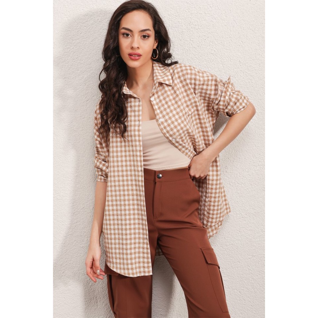 3900 Oversize Kareli Gömlek - Y.Bej