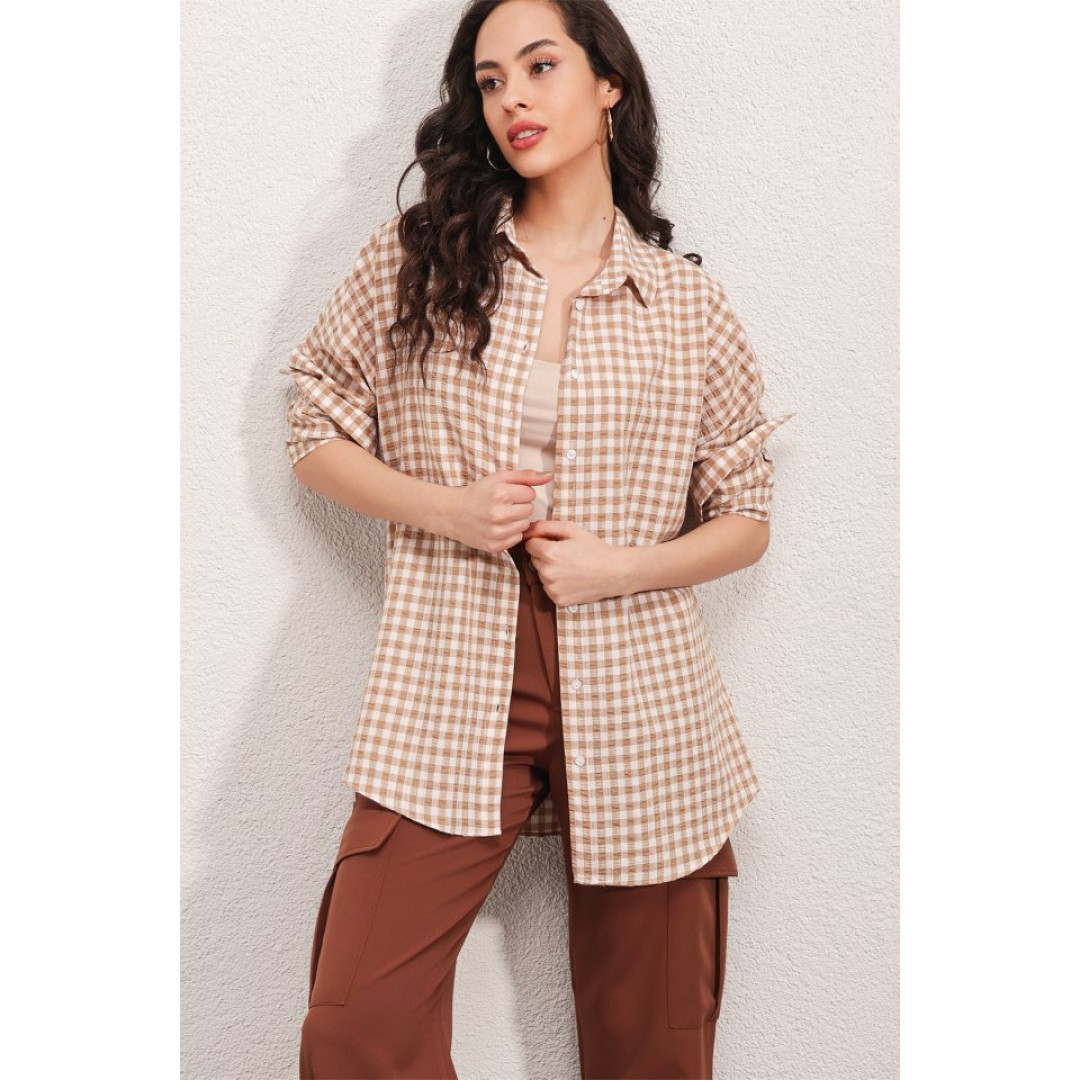 3900 Oversize Kareli Gömlek - Y.Bej 162683