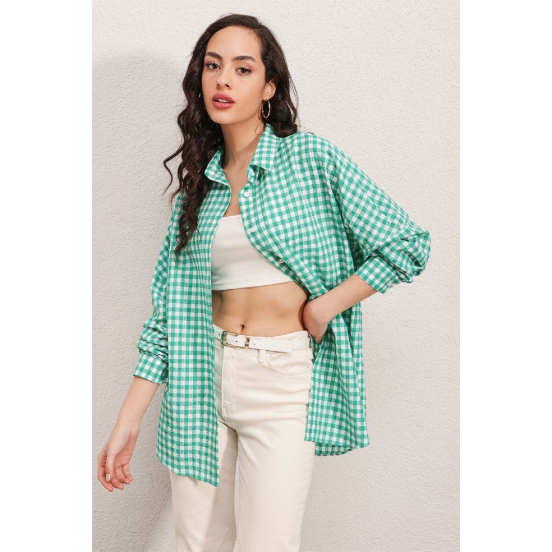 3900 Oversize Kareli Gömlek - Y.Yeşil 162684