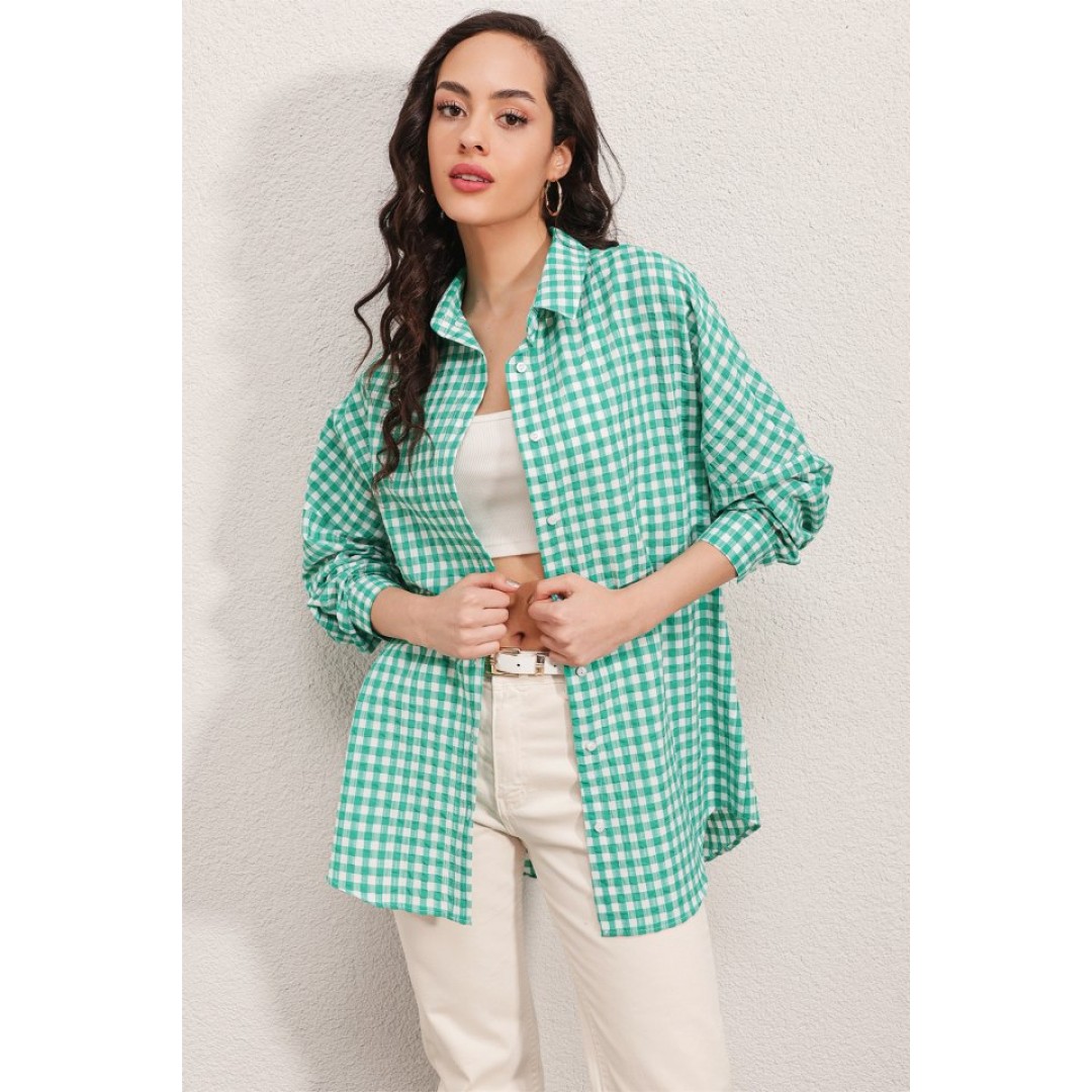 3900 Oversize Kareli Gömlek - Y.Yeşil 162684