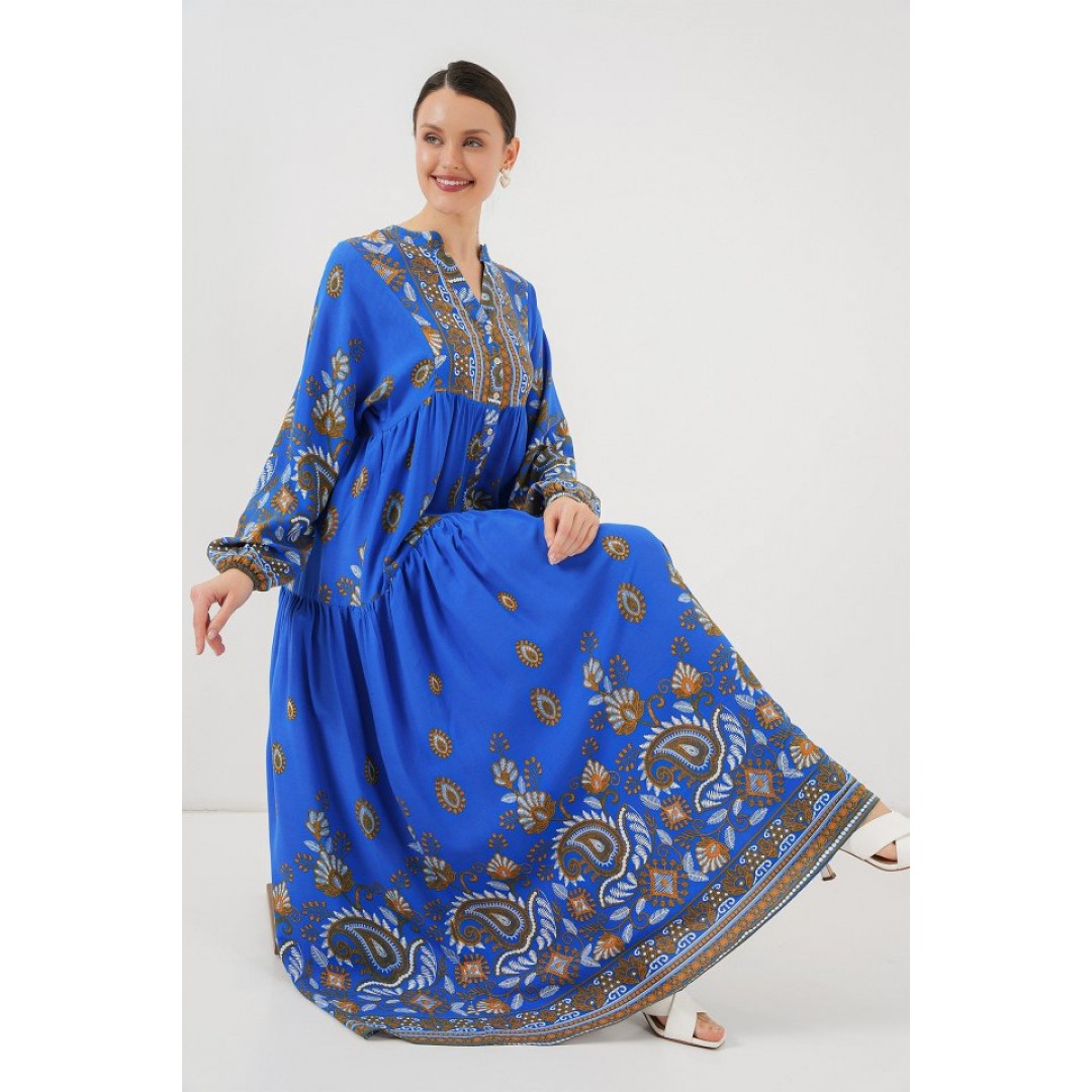 2423 Otantik Desenli Tesettür Elbise - Saks 1 162687 2423 Otantik Desenli Tesettür Elbise - Saks 1 162687