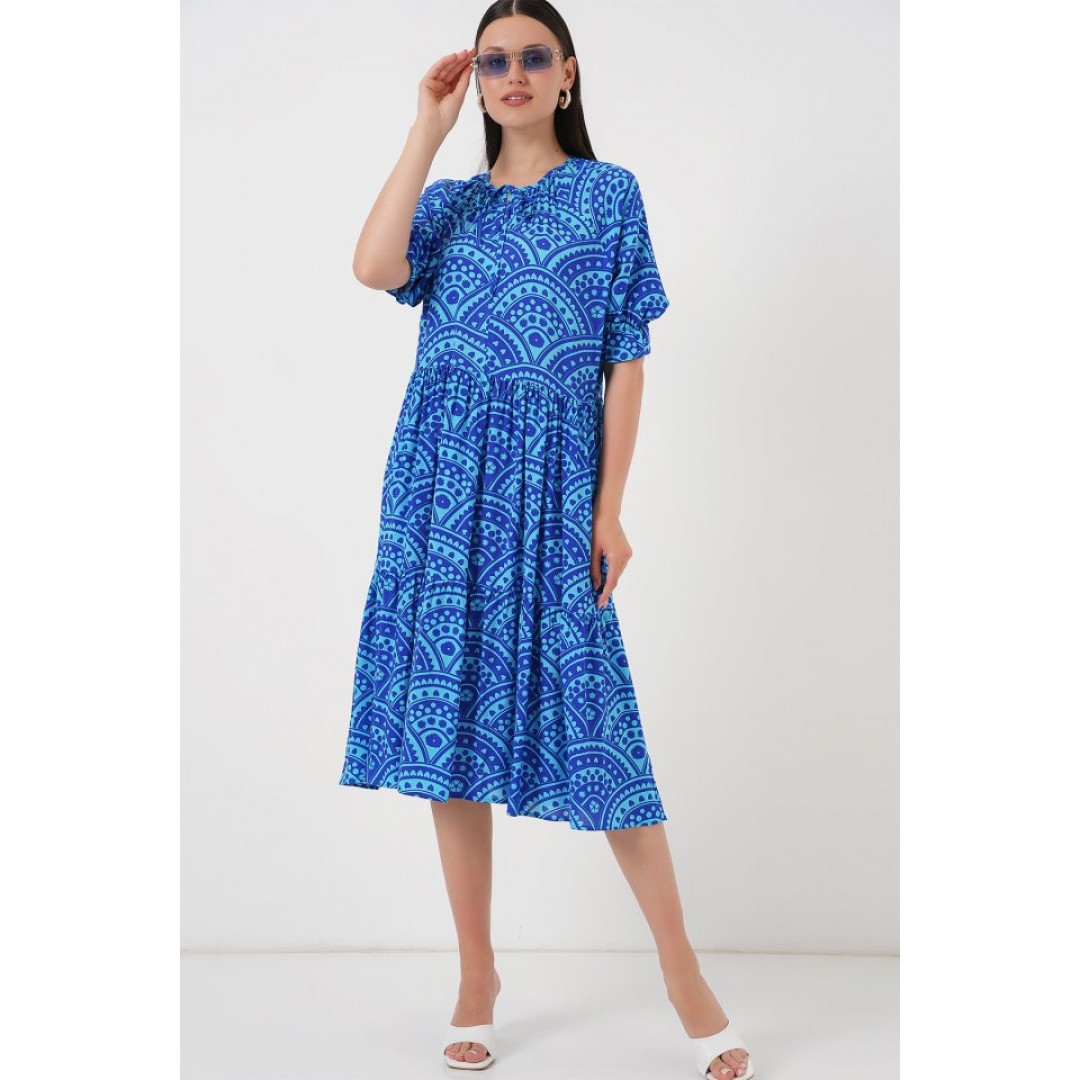Kısa Kol Desenli Elbise 2553 - Saks - 162694