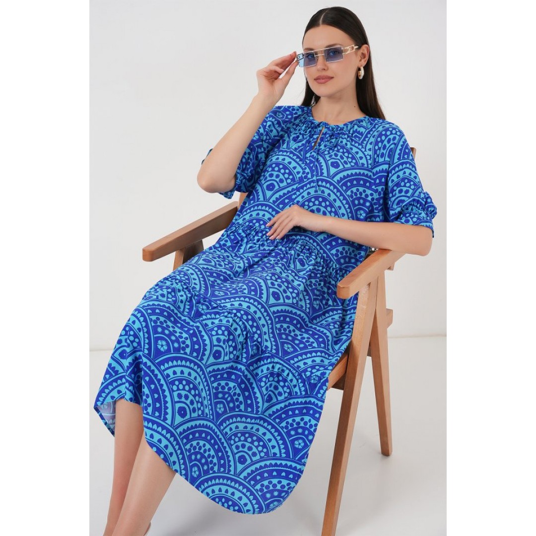 Kısa Kol Desenli Elbise 2553 - Saks - 162694