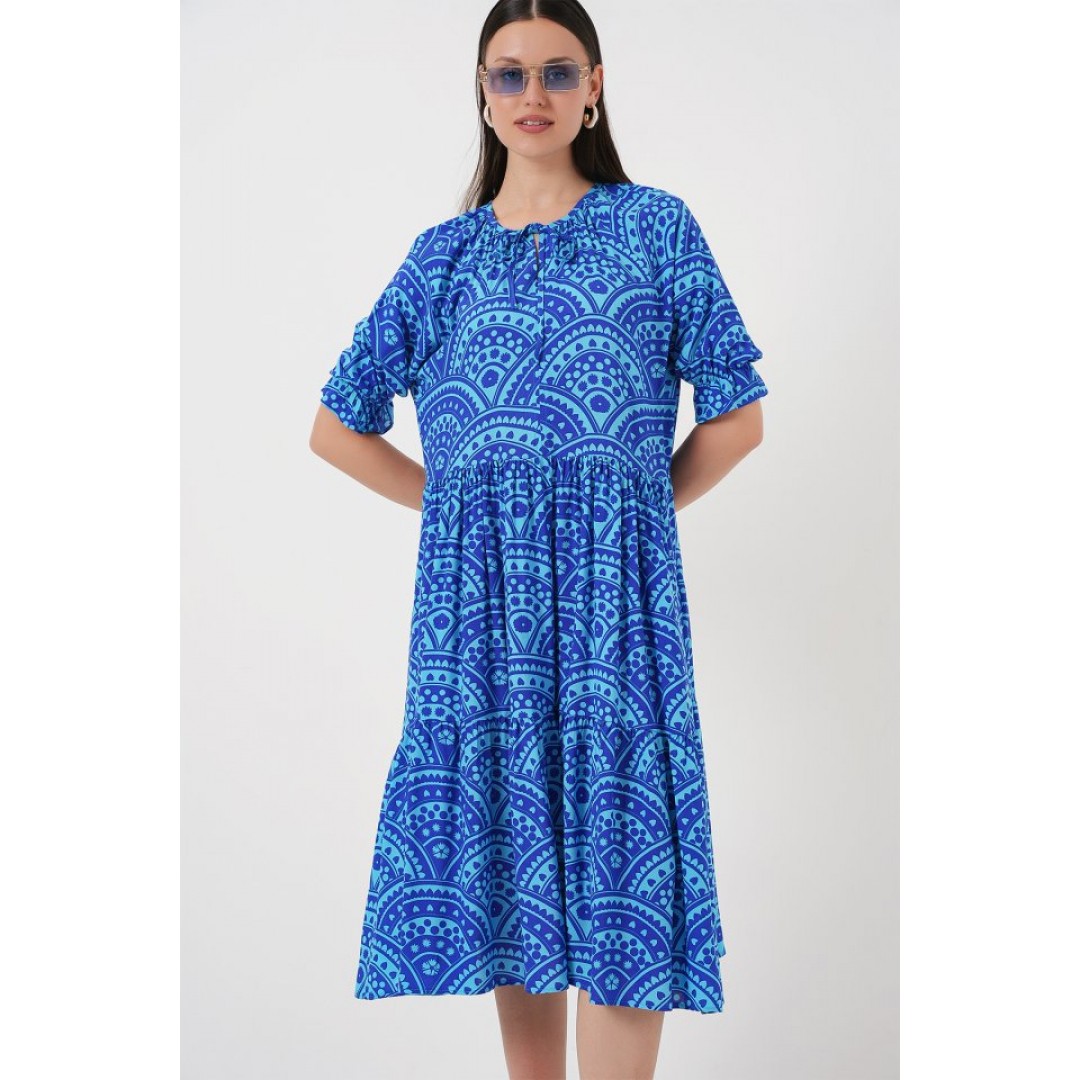 Kısa Kol Desenli Elbise 2553 - Saks - 162694