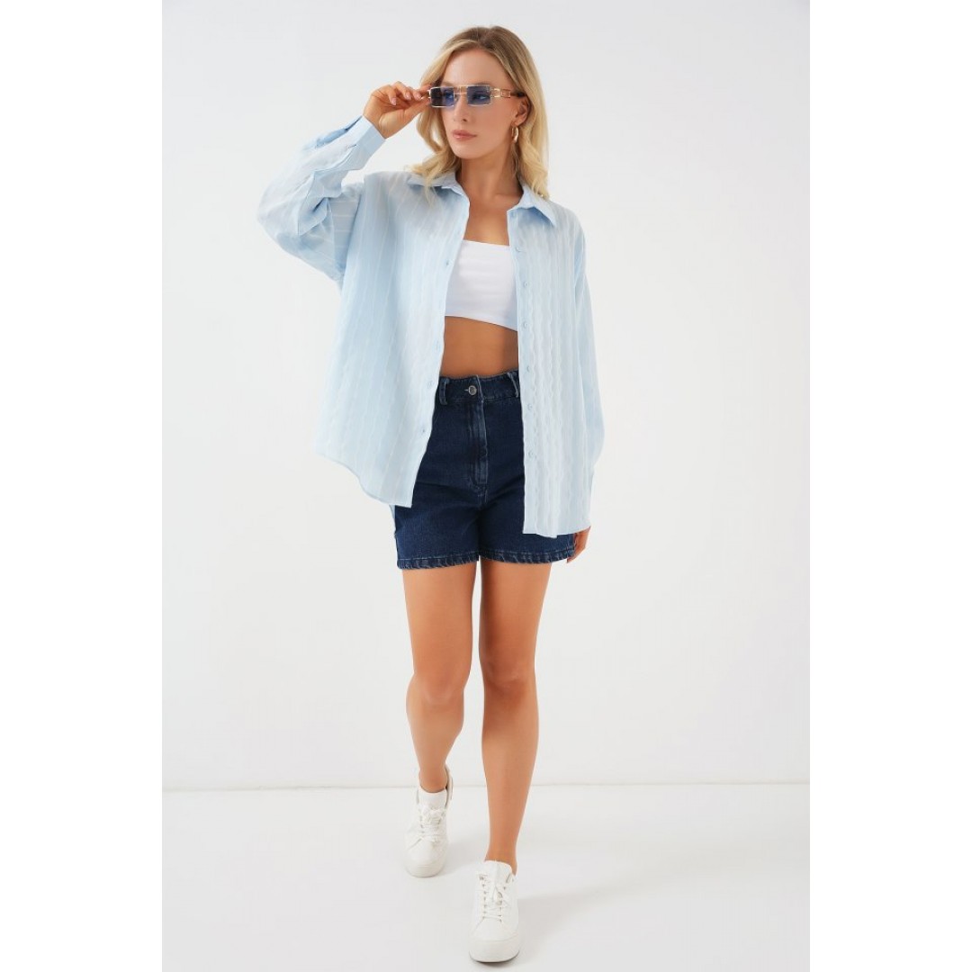 3900 Oversize Uzun Basic Gömlek - C.Mavi 162745