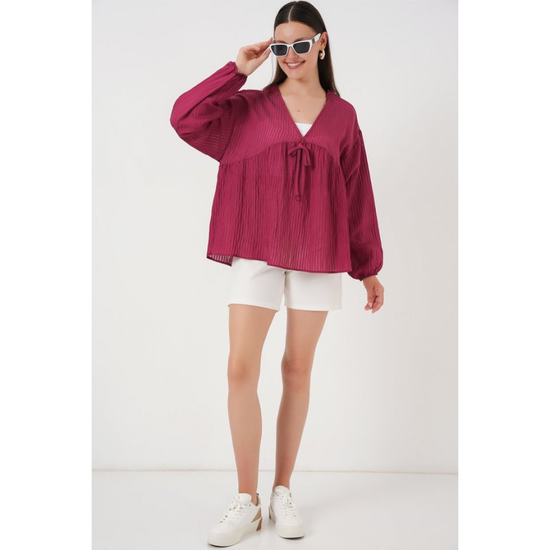 Önü Bağcıklı Uzun Kol Bluz 946 - Bordo 162784 Önü Bağcıklı Uzun Kol Bluz 946 - Bordo 162784