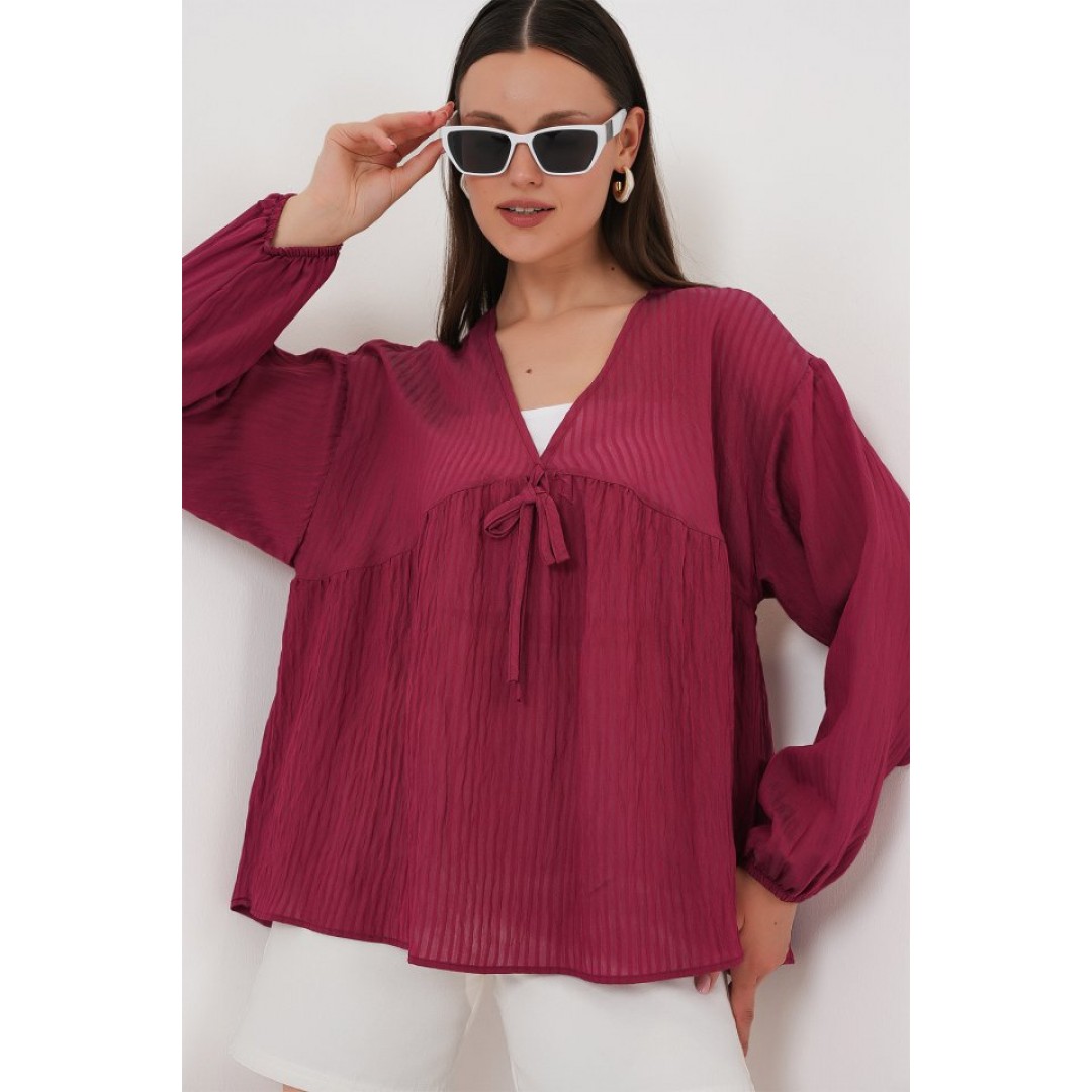 Önü Bağcıklı Uzun Kol Bluz 946 - Bordo 162784 Önü Bağcıklı Uzun Kol Bluz 946 - Bordo 162784