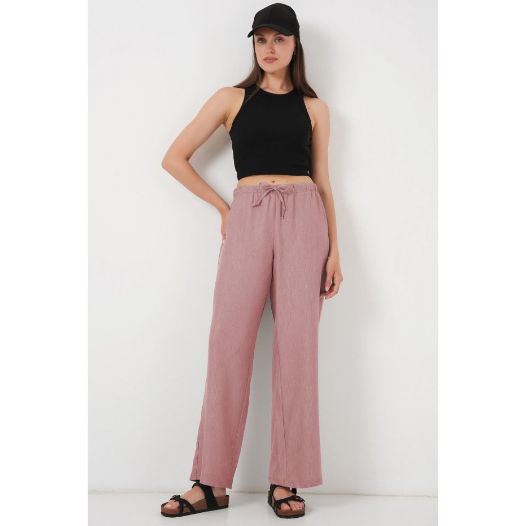 Geniş Paça Keten Pantolon 6735 - Pudra