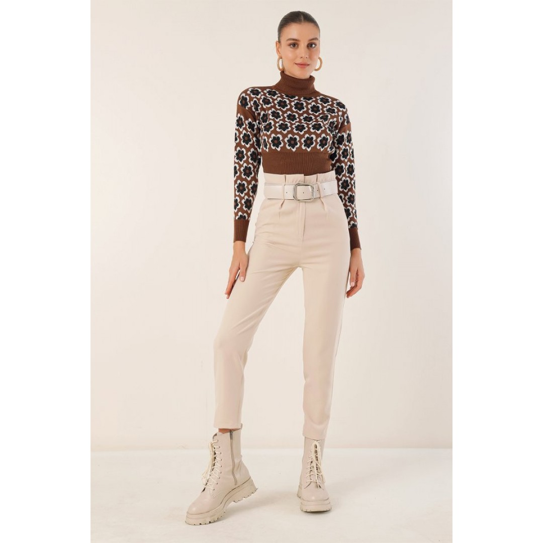 6556 Kemerli Kumaş Pantolon - Krem