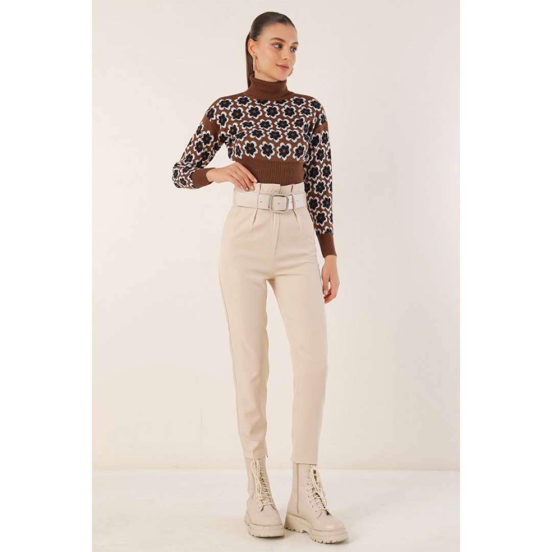 6556 Kemerli Kumaş Pantolon - Krem 162808