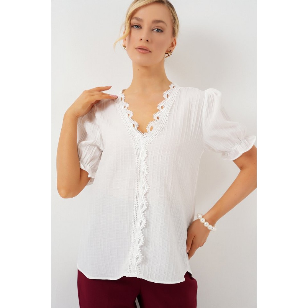 V Yaka Dantelli Bluz 956 - Beyaz 163105