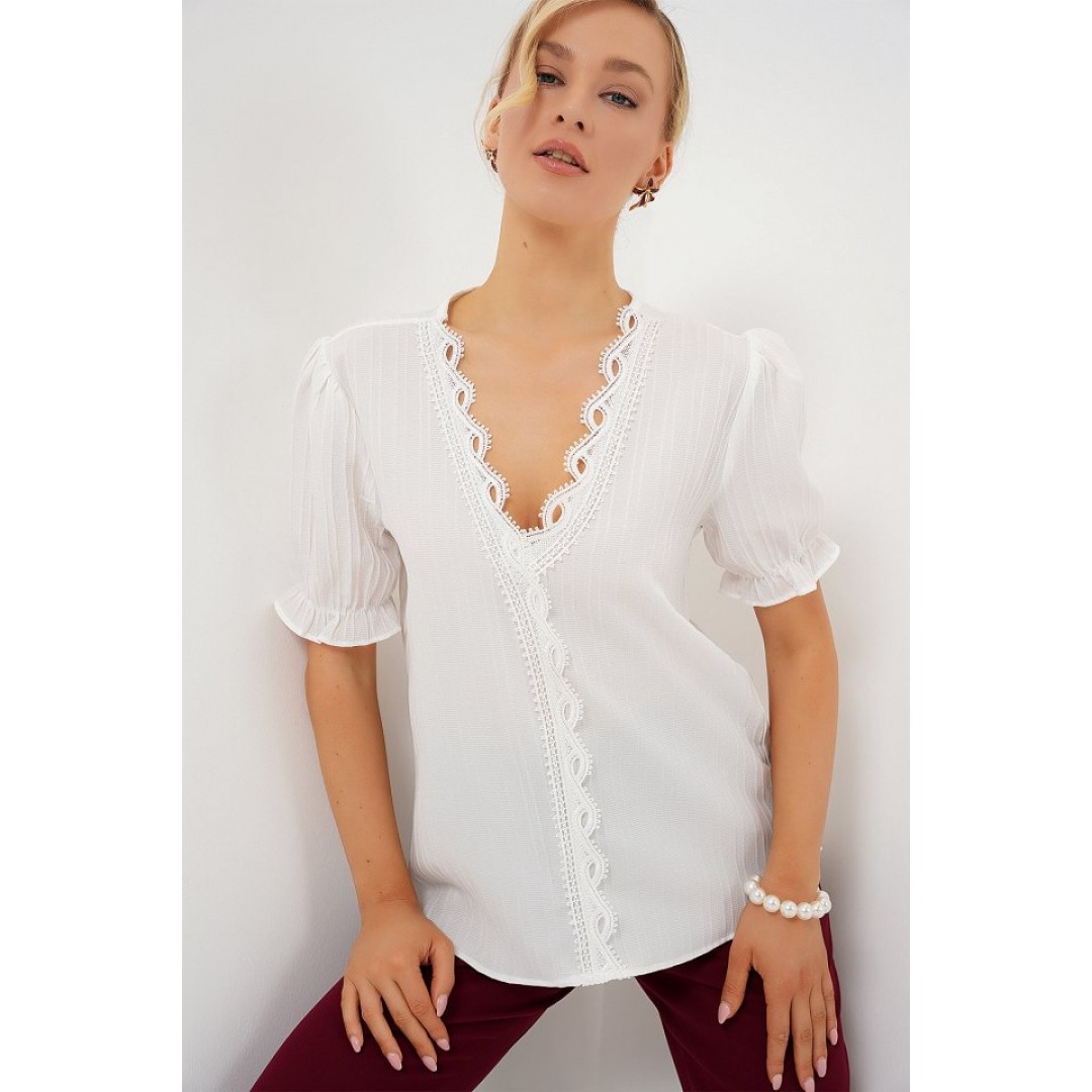 V Yaka Dantelli Bluz 956 - Beyaz 163105